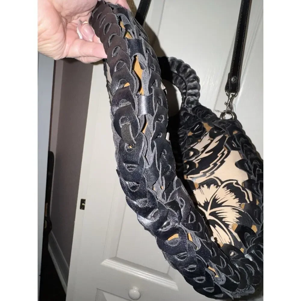 NWT Patricia Nash Black Italian Leather Woven Chain Link Floral Handbag Purse - Picture 8 of 9